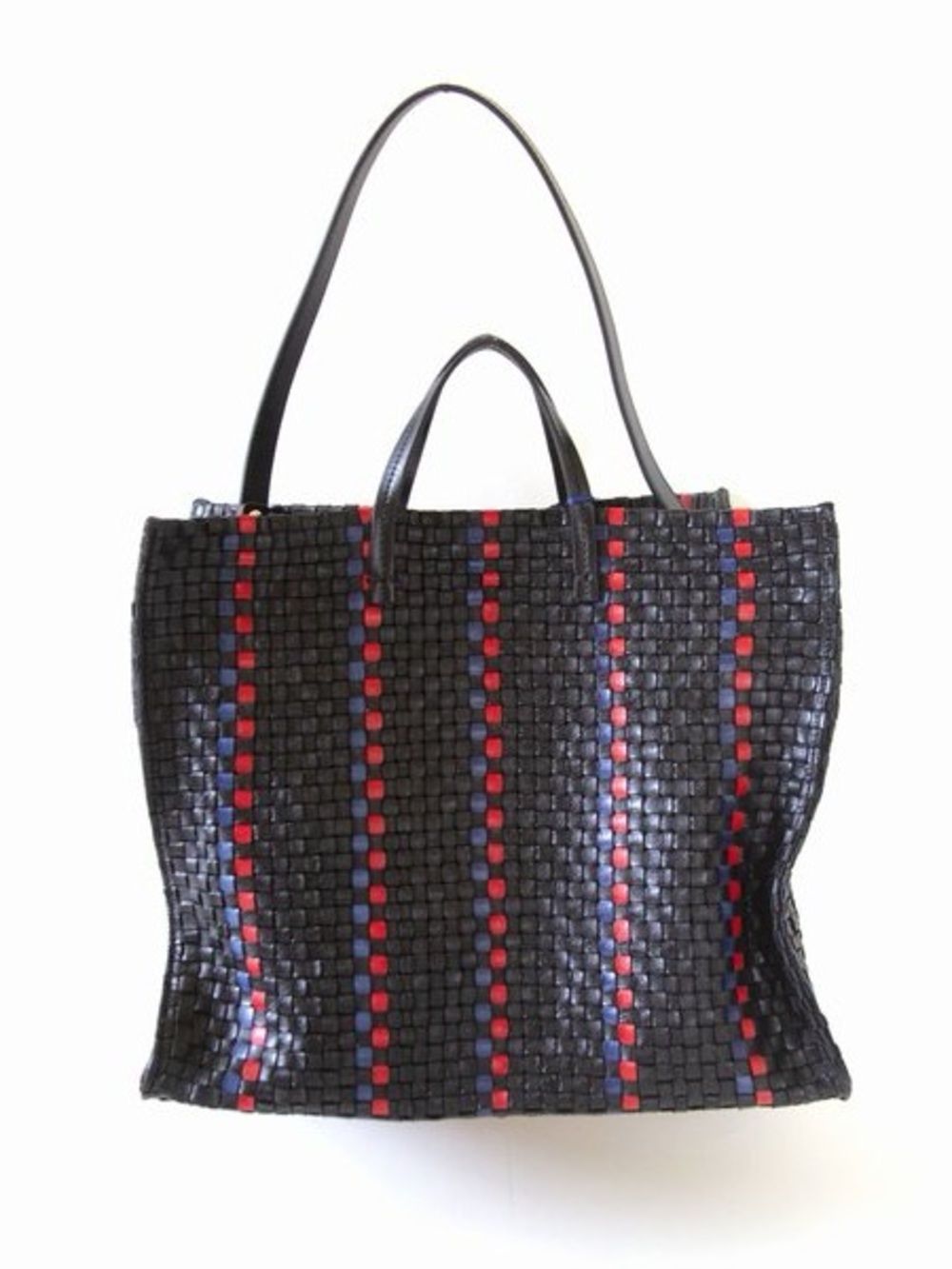 CLARE V. Woven Black Tote with Red and Navy Accent Stripes - Picture 12 of 12